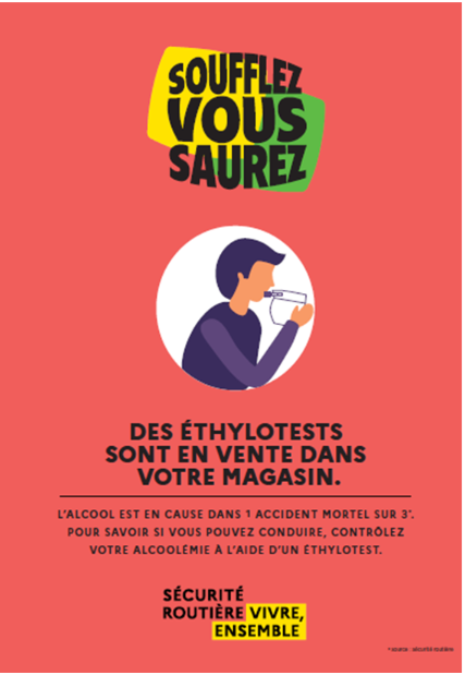 Affiche vente à emporter de l'alcool, éthylotests en caisse du magasin